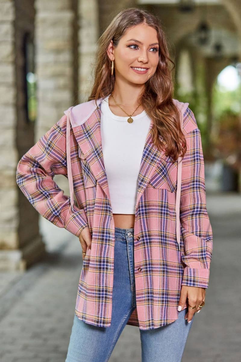 CWTSTL1718_FALL CASUAL LONG-SLEEVED HOODED PLAID SHIRT TOP