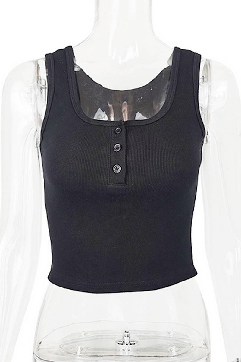 CWTTK0814_RIBBED U-NECK BUTTON CROPPED SLEEVELESS TANK TOP