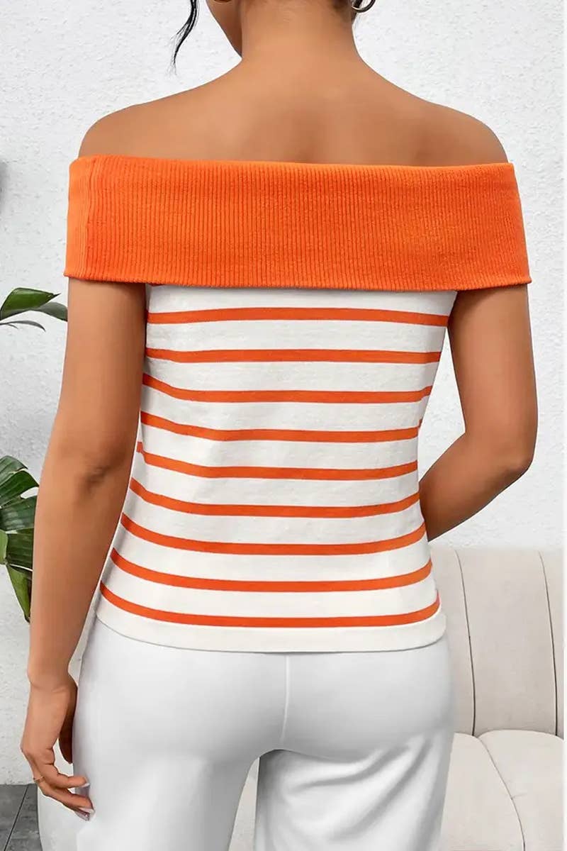 CWTTS1306_FASHION STRIPED OFF-SHOULDER BOAT NECK SWEATER