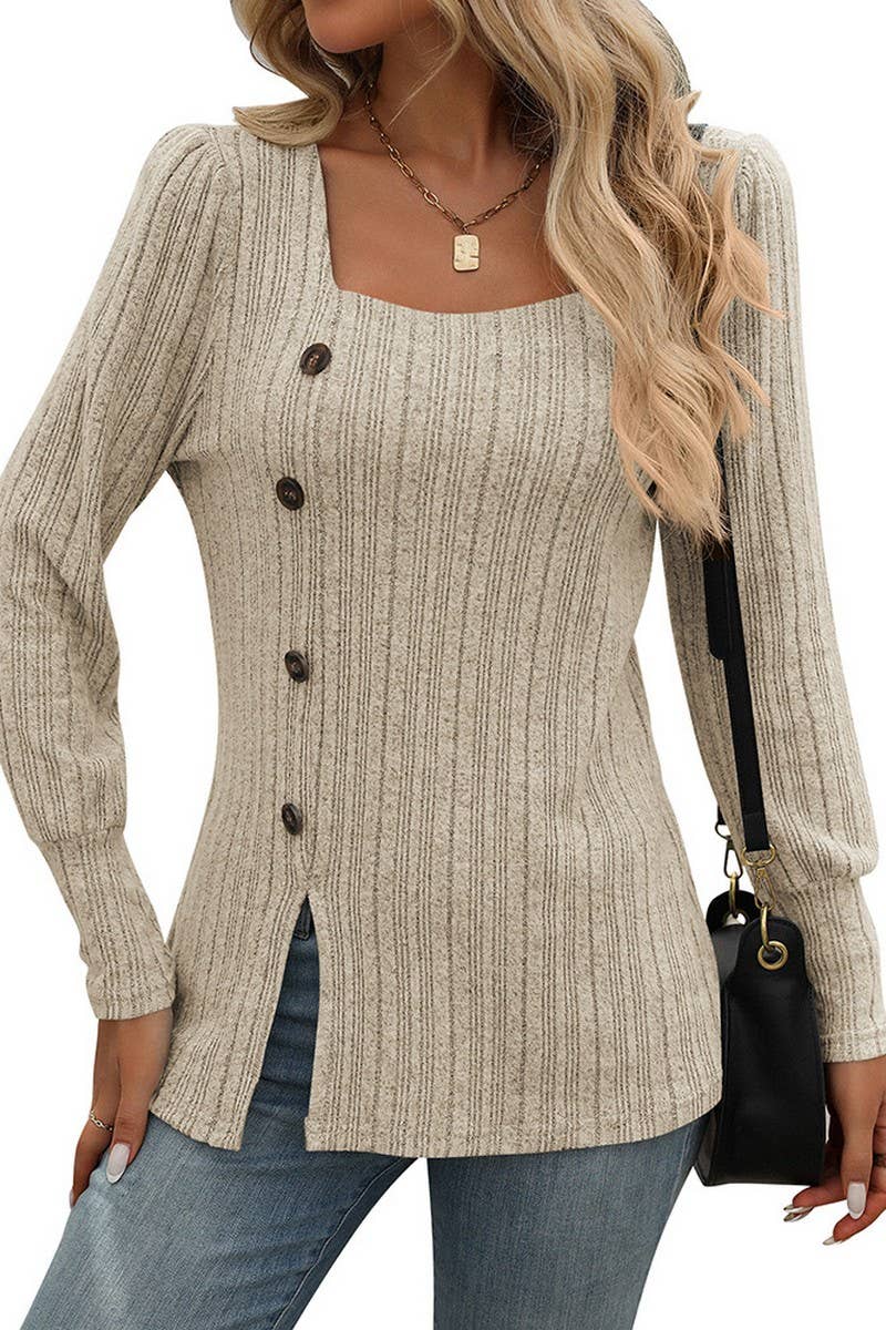 CWOSWL6829_SQUARE NECK BRUSHED SOLID COLOR LONG SLEEVE TOP