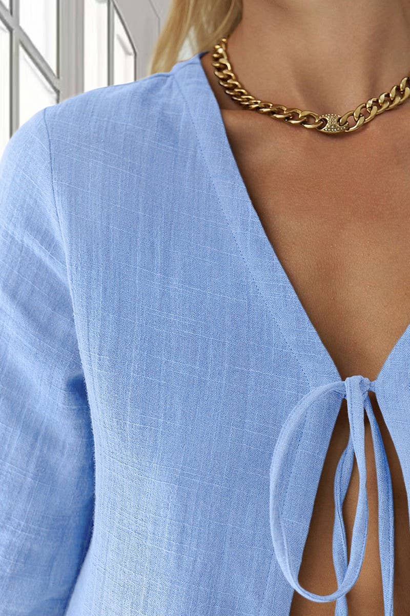 CWSPJ0327_CARDIGAN TIE LONG SLEEVE SHORTS PAJAMA SET