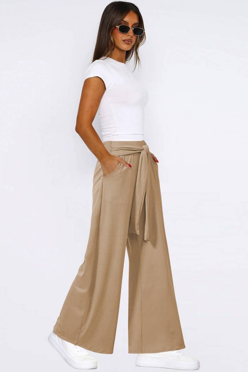 CWBLP1861_SOLID COLOR DRAPE LACE-UP WIDE-LEG PANTS