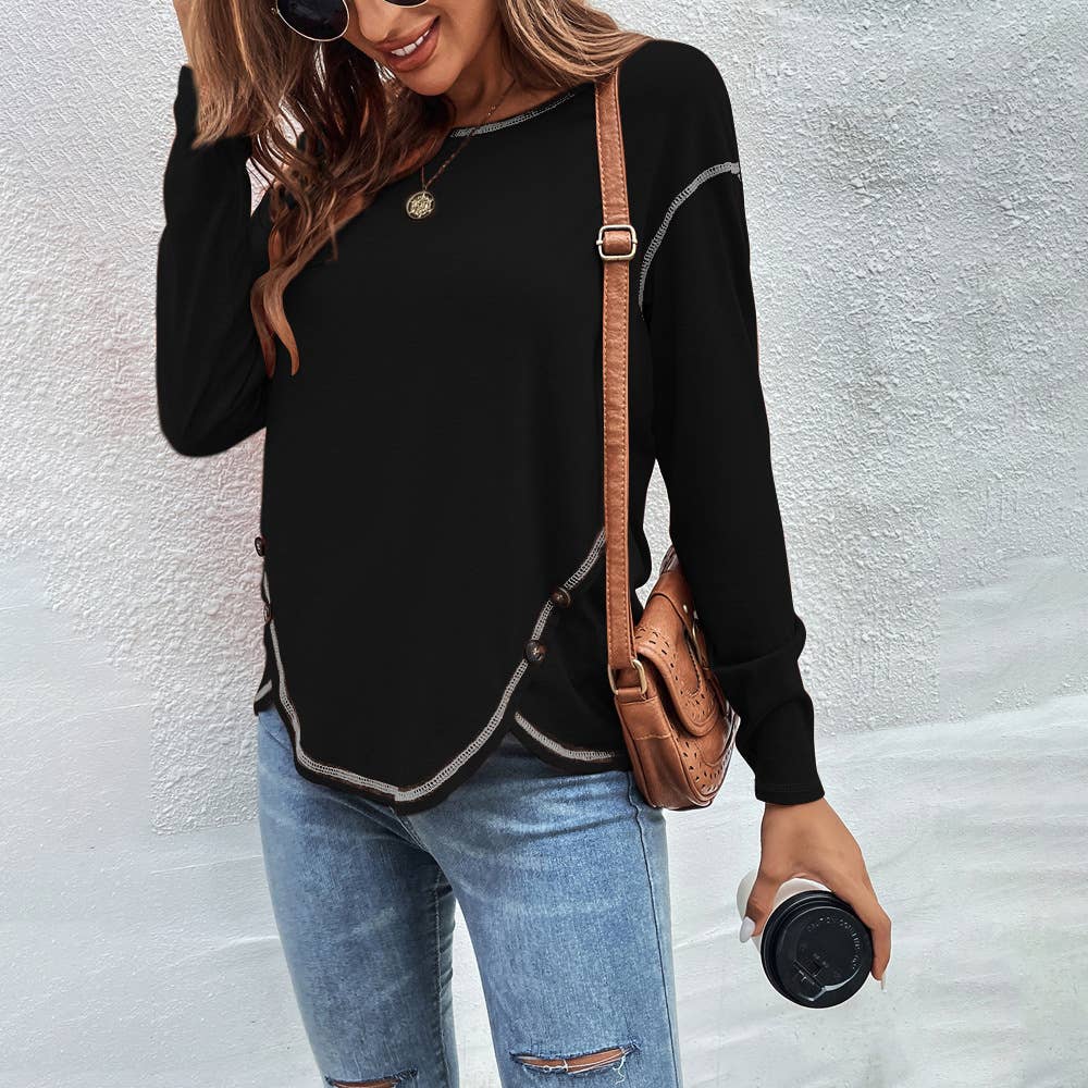 Decorative buttons irregular hem T-shirt