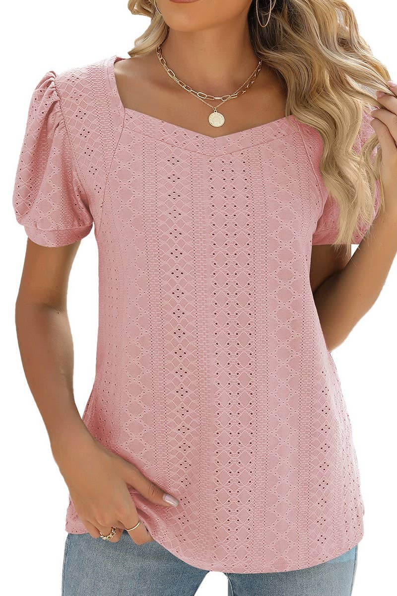CWTBLS0877_SQUARE COLLAR SOLID COLOR SHORT-SLEEVED TOP