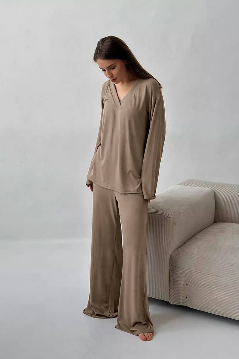 CWSPJ0322_KNITTED V-NECK LONG-SLEEVED TROUSERS PAJAMA SET