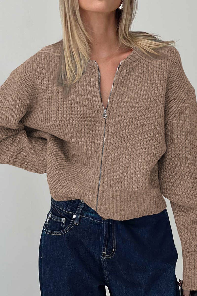 CWOSWL07497_CASUAL SIMPLE LONG SLEEVE ZIP KNIT SWEATER