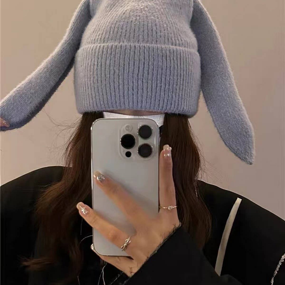 CWAH2212_SOLID COLOR LONG EAR RABBIT KNITTED WOOL HAT
