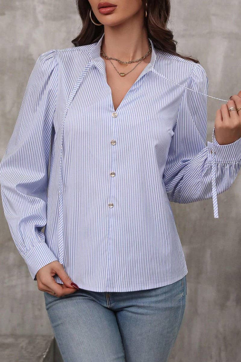 CWTSTL2886_STRIPED V-NECK TIE FRONT BUTTON LONG SLEEVE SHIRT