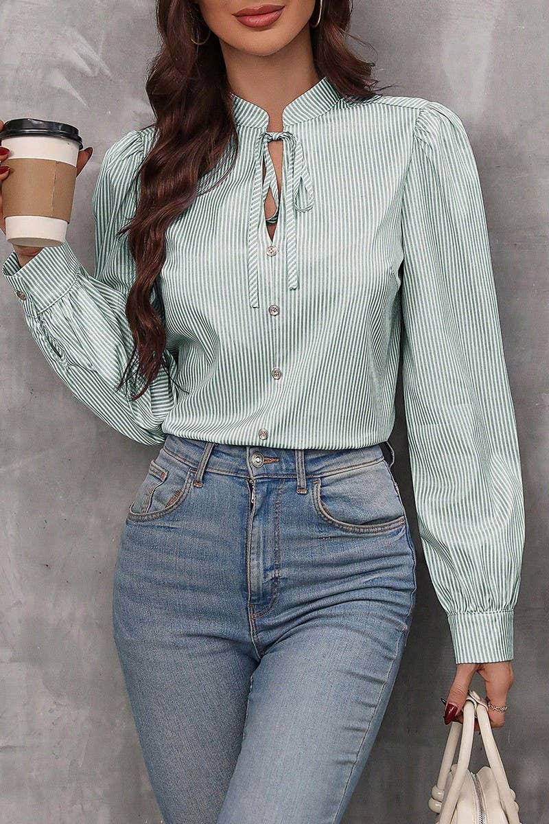 CWTBLL01287_HALF-OPEN COLLAR TIE LONG-SLEEVED STRIPED SHIRT