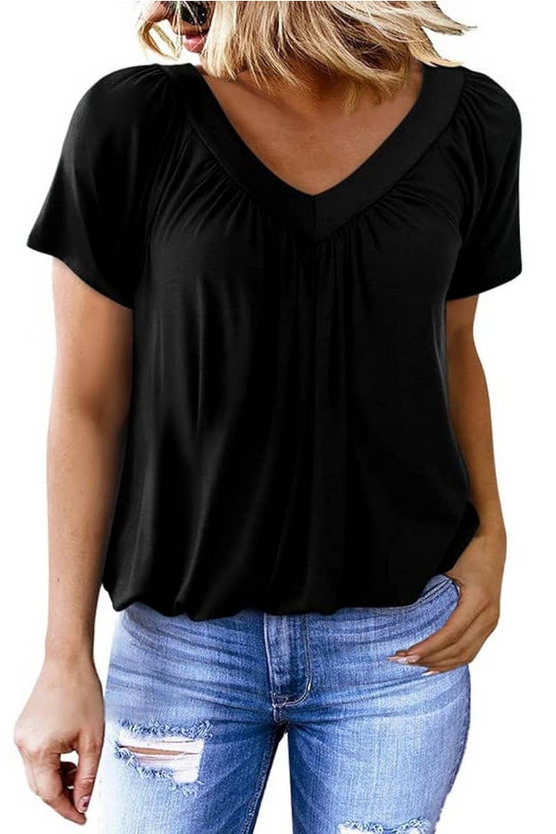CWTBLS2255_V-NECK RUCHED LOOSE FIT COTTON T-SHIRT