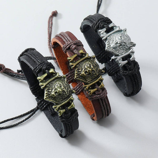 VINTAGE BRAIDED WOLF HEAD LEATHER BRACELET
