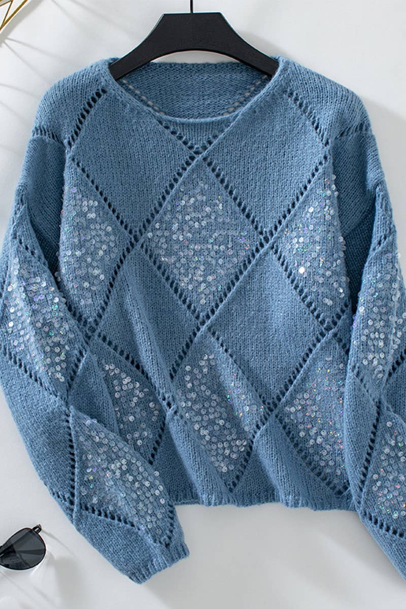 CWOSWL07062_HOLLOW SEQUIN KNIT DIAMOND PULLOVER SWEATER