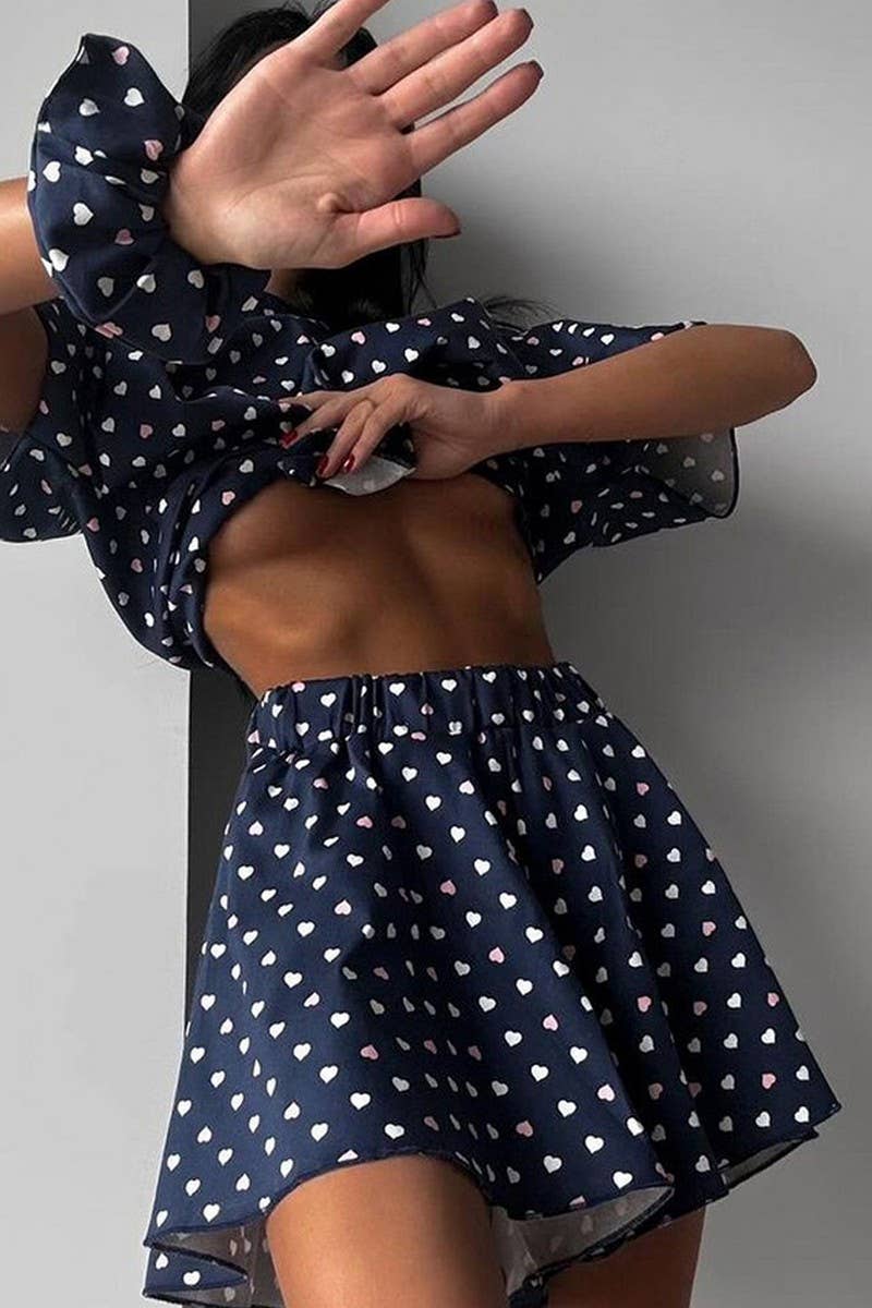 CWSPJ0381_KNITTED HEART PRINT PAJAMAS TWO-PIECE SET