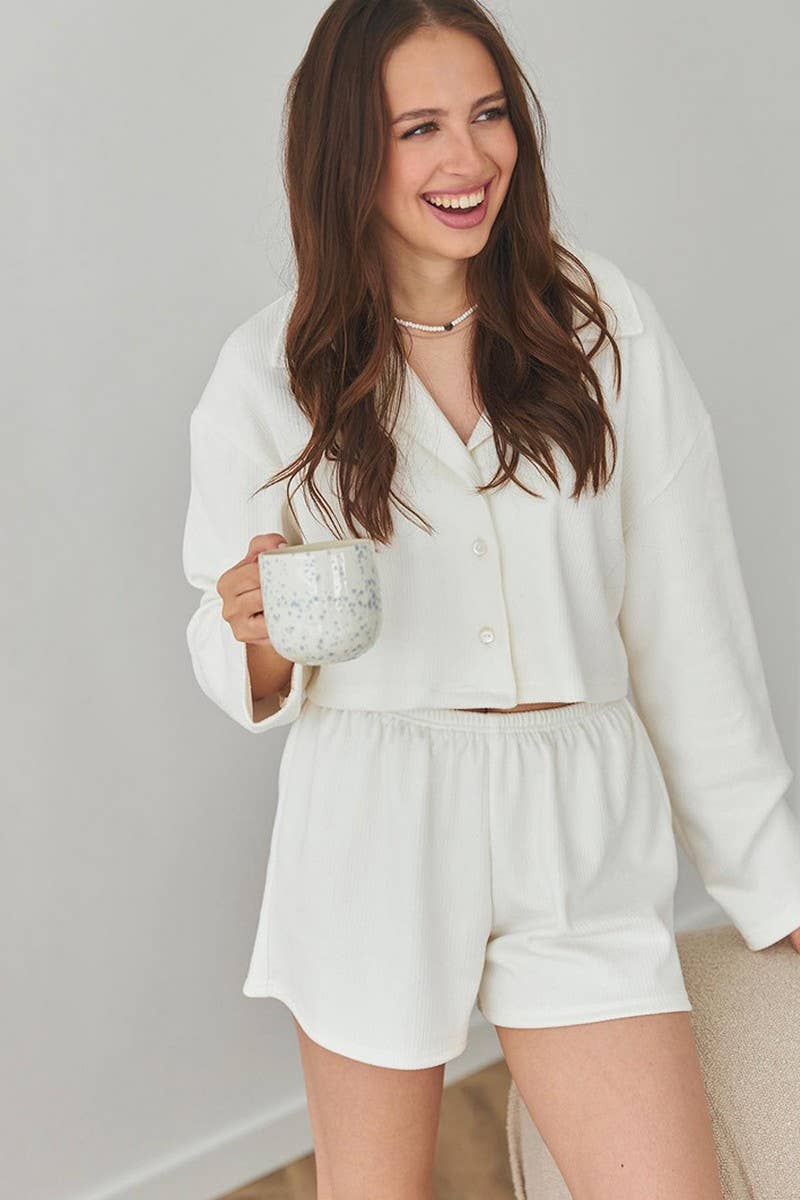 CWSPJ0279_KNITTED CARDIGAN LONG-SLEEVED SHORTS HOME WEAR