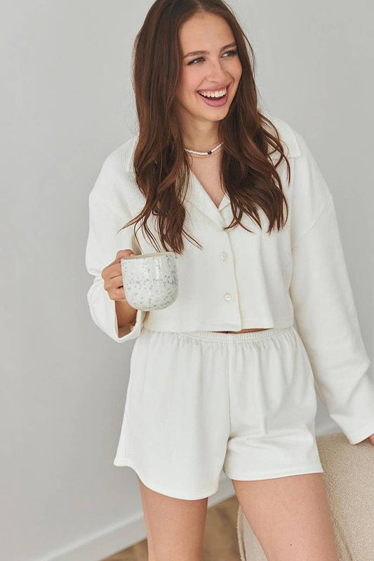 CWSPJ0279_KNITTED CARDIGAN LONG-SLEEVED SHORTS HOME WEAR