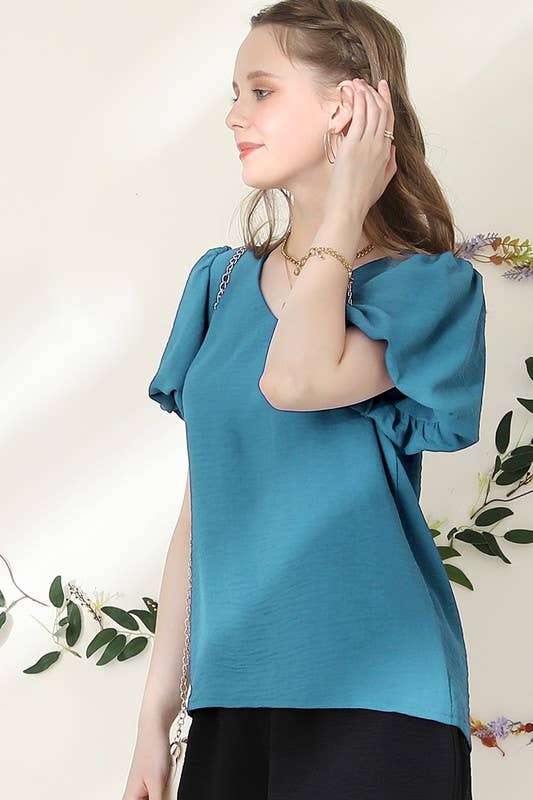 CWTBLS202_V NECK PUFF SHORT SLEEVE BLOUS FORMAL TUNIC TOP
