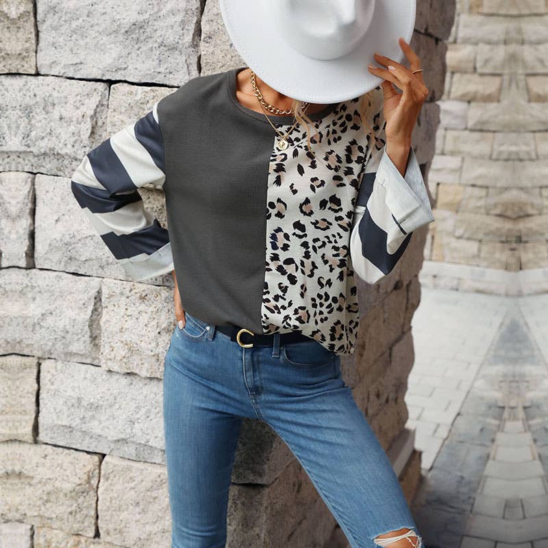 Casual top crew neck patchwork leopard knit