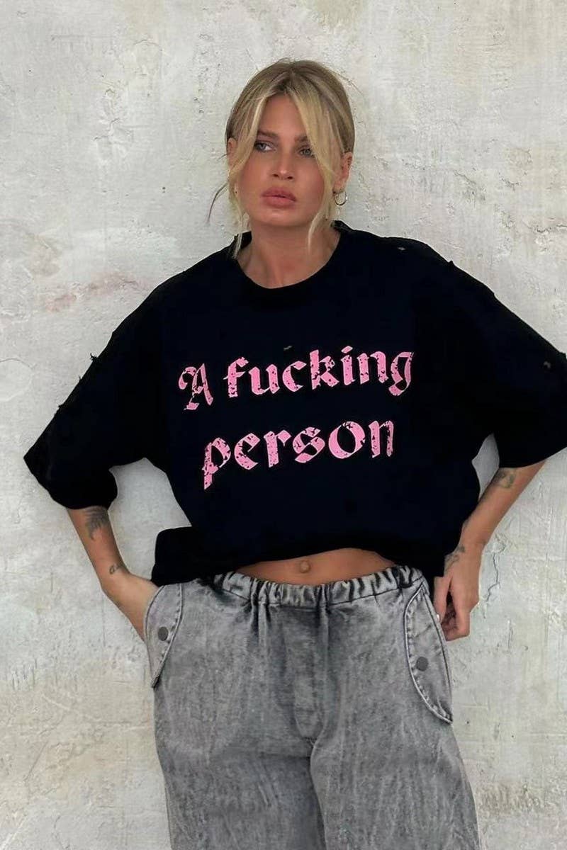 CWTTS1287_LETTER PRINT RIPPED STYLE MID-LENGTH SHORT SLEEVE