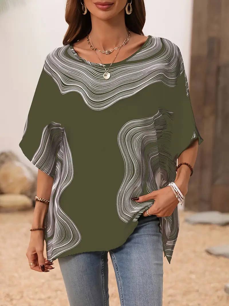 Casual printed V-neck loose batsleeve top