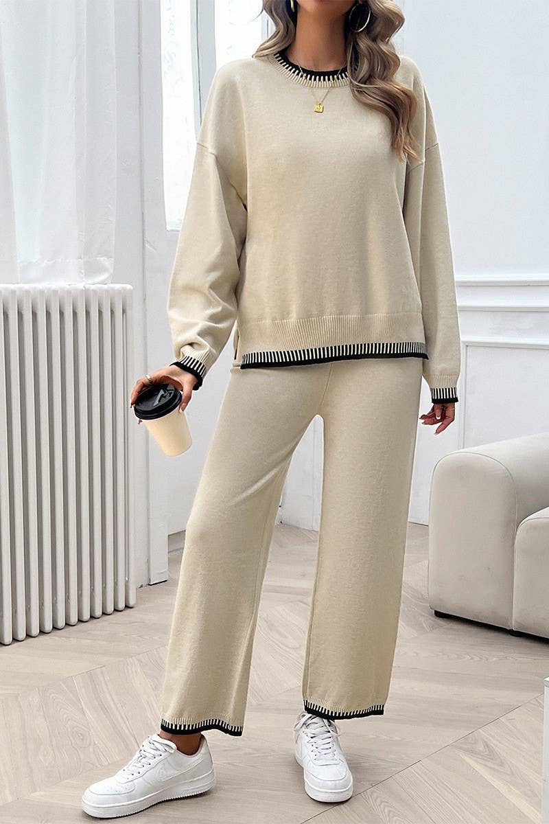 CWSTB0742_CASUAL CONTRAST COLOR SWEATER AND PANTS SET