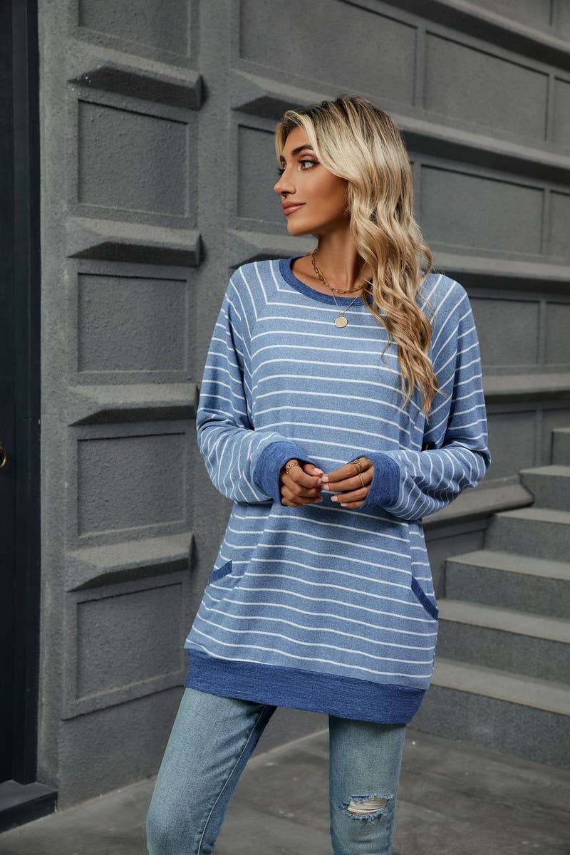 CWTBLL3664_COLOR BLOCKED STRIPED POCKET LOOSE T-SHIRT