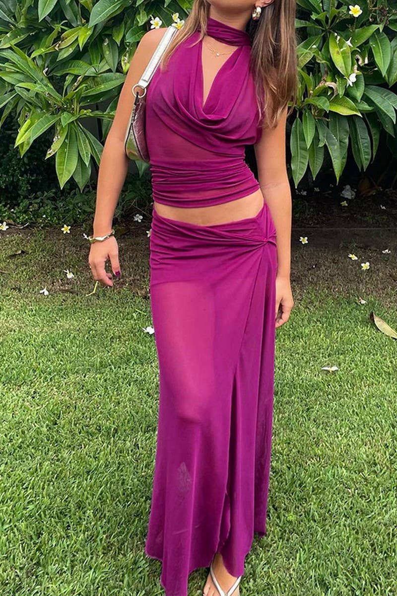 CWSS1111_ELEGANT HALTER MESH TOP AND SKIRT SET