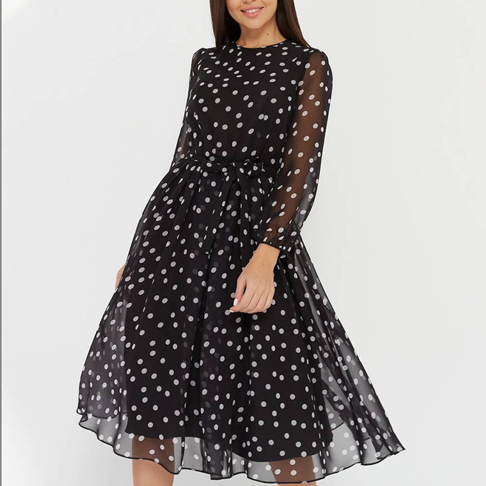 COFFEE COLOR POLKA DOT LACE PRINT CHIFFON DRESS
