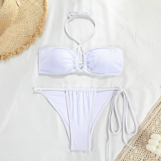 NEW BANDEAU STRAP SOLID COLOR SPLIT SWIMSUIT