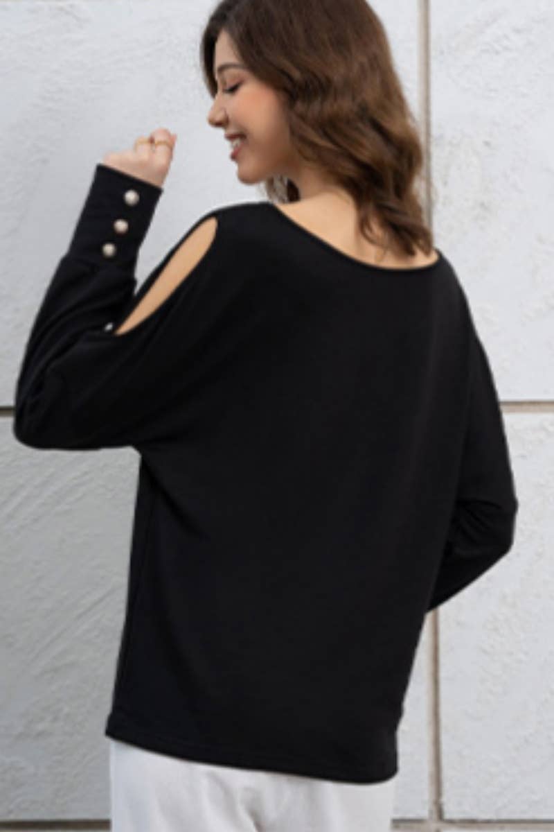 CWTBLL1429_SOLID COLOR BUTTON-DOWN LONG-SLEEVED TOP