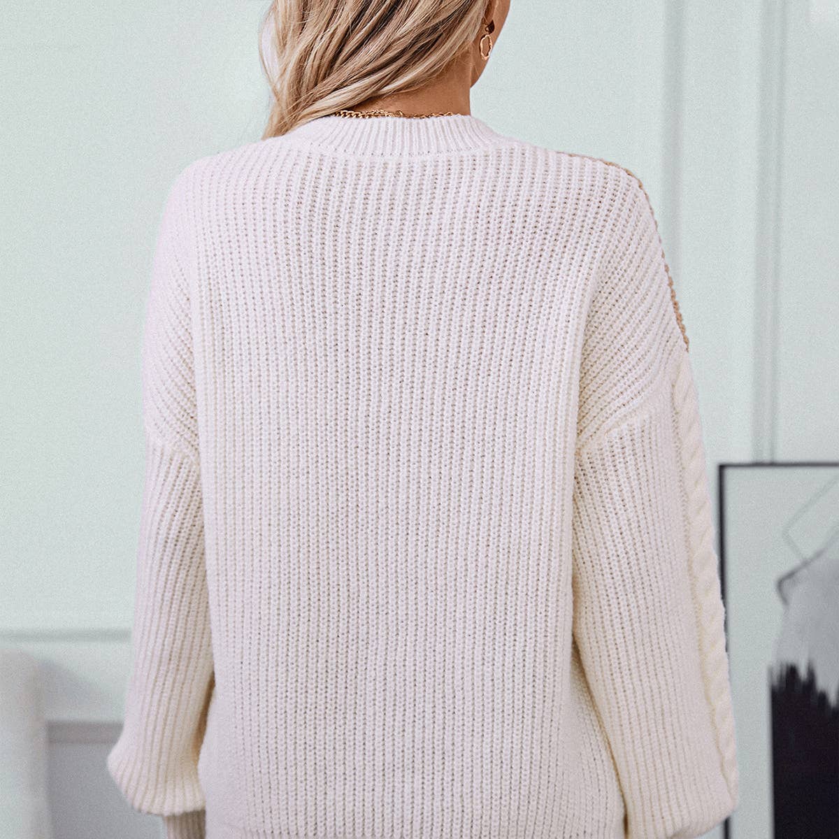 Color contrast round neck pullover loose floral knit