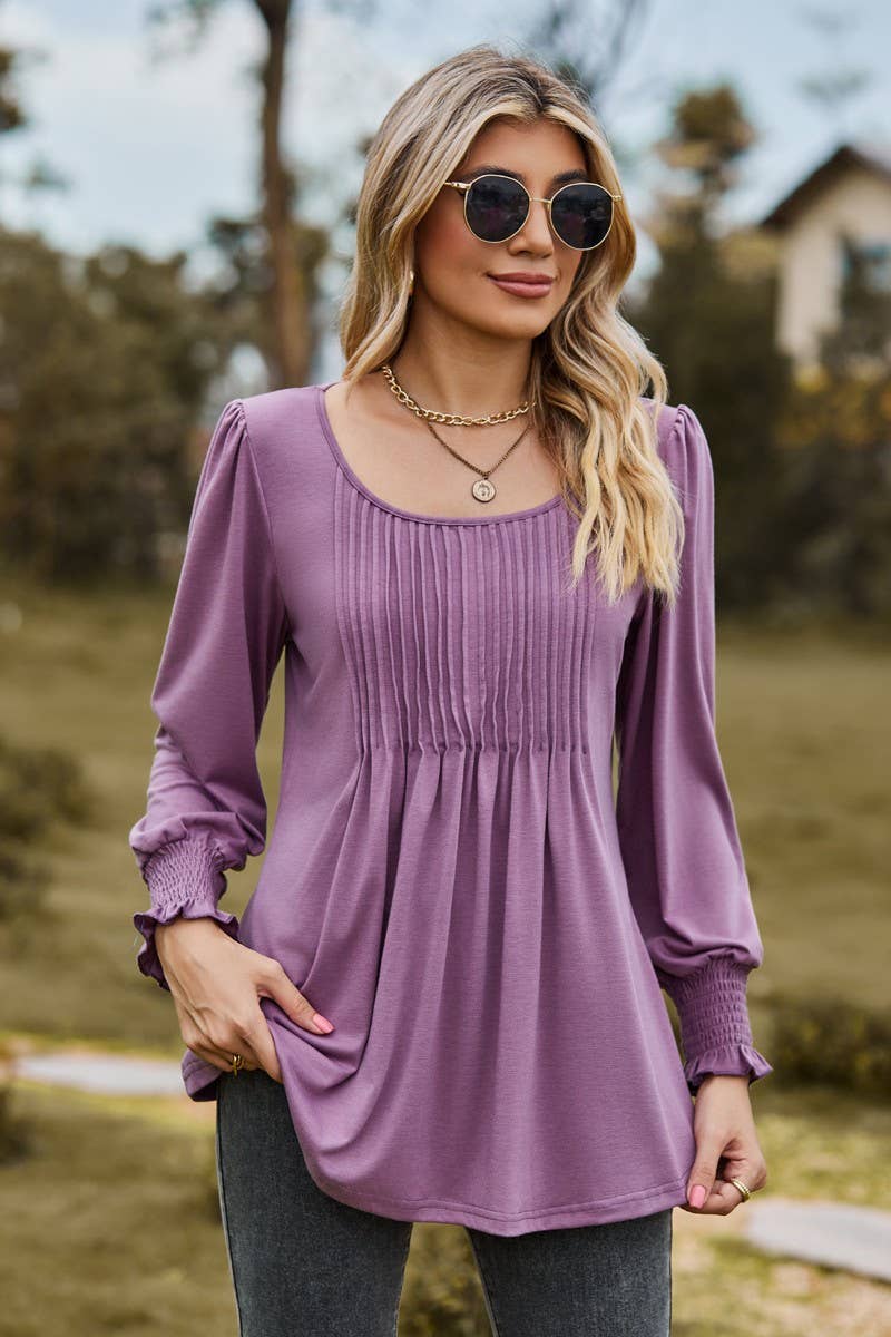 CWTBLL3687_NEW AUTUMN SOLID COLOR ROUND NECK DRAW CUFFS TOP