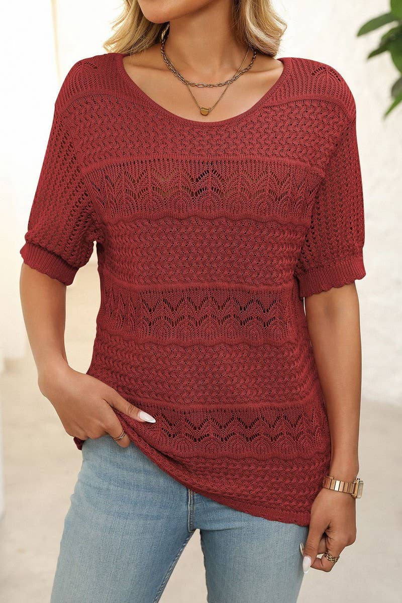 CWOSWS0128_CREW NECK HOLLOW KNIT CROCHET SHORT SLEEVE TOP