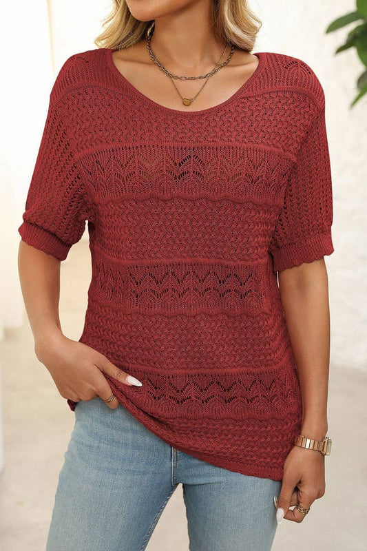 CWOSWS0128_CREW NECK HOLLOW KNIT CROCHET SHORT SLEEVE TOP