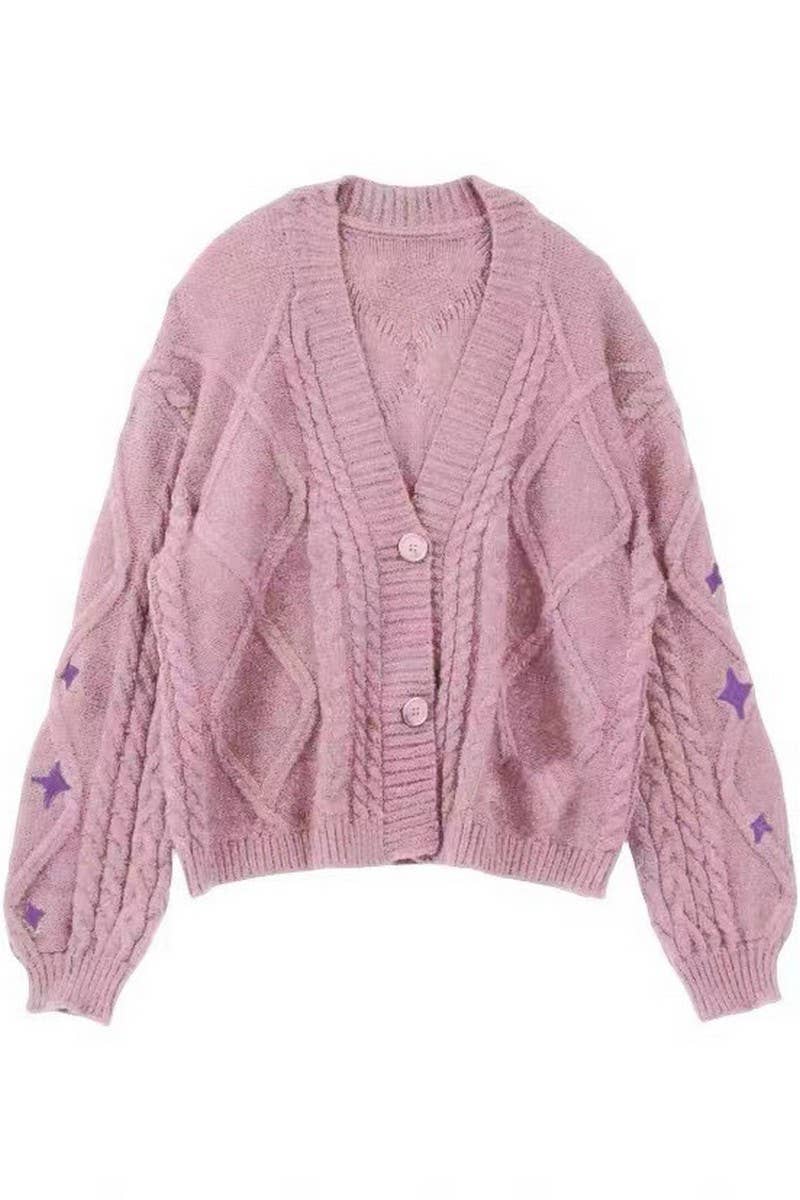 CWOCAL1793_V-NECK STAR EMBROIDERY NEEDLE KNIT CARDIGAN
