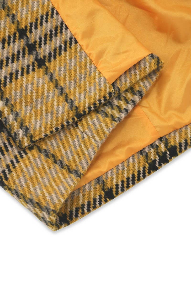 CWOCO0942_DOUBLE-BREASTED PLAID LAPEL LONG HOODED COAT