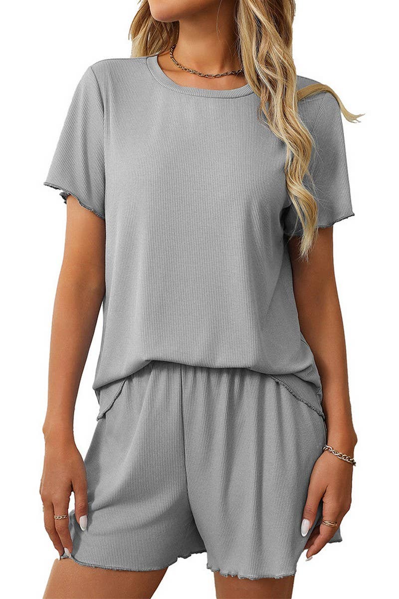CWSPJ0442_SOLID RIBBED SHORT SLEEVE PAJAMA SET