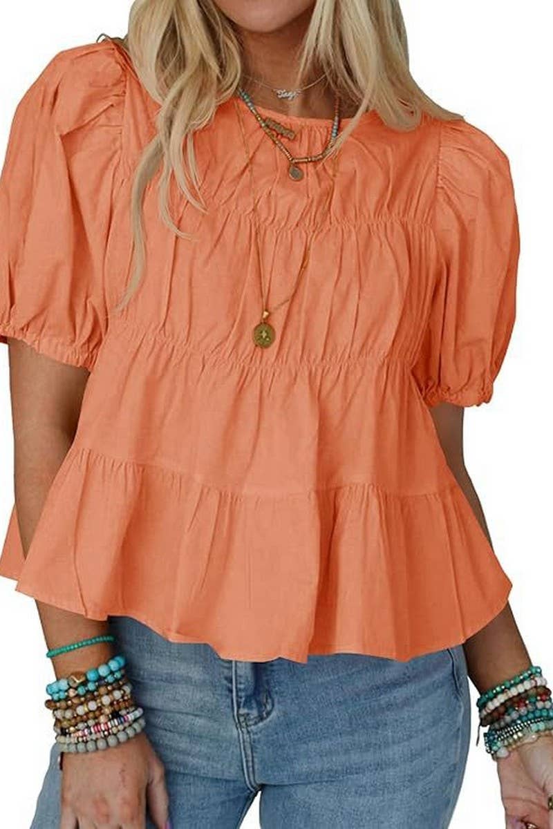 CWTBLS02490_2025 SUMMER PUFF SLEEVE LOOSE A-LINE BLOUSE