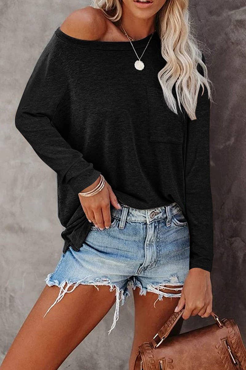 CWTBLL3692_ROUND NECK LONG SLEEVE CASUAL LOOSE BOTTOMING TOP