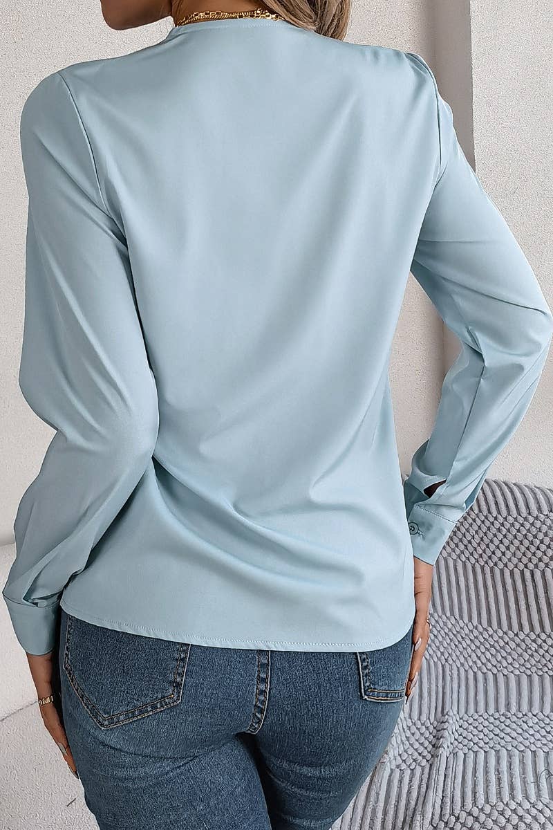 CWTBLL2646_AUTUMN SOLID COLOR V-NECK LONG SLEEVE SHIRT TOP