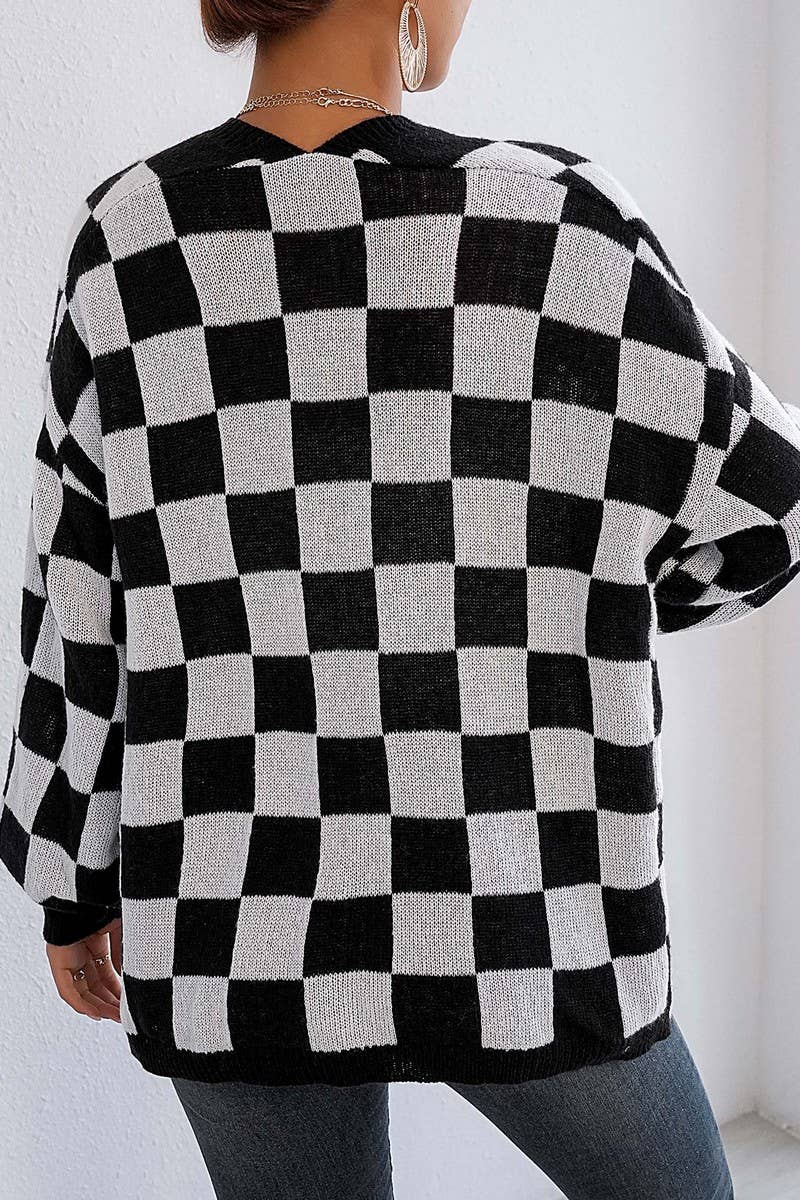 CWOSWL07333_WOMEN BLOCK CHECKERED KNIT CARDIGAN