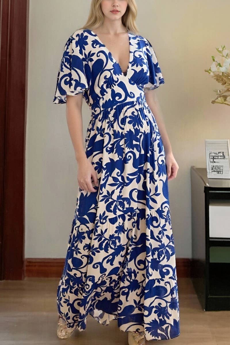CWDMD6478_ELEGANT FLORAL V-NECK SHORT SLEEVE MAXI DRESS