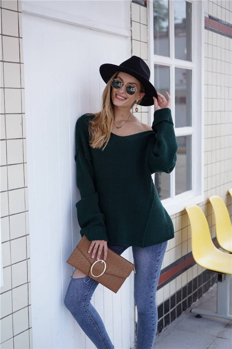 CWOSWL1406_V-Neck Long Sleeve Pullover Sweater