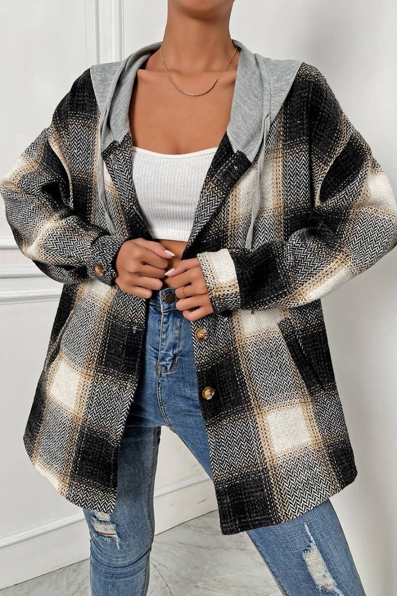 CWTSTL2091_HOODED SINGLE-BREASTED PLAID LONG-SLEEVED COAT