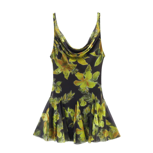 Cinched waist printed mesh short halter dress