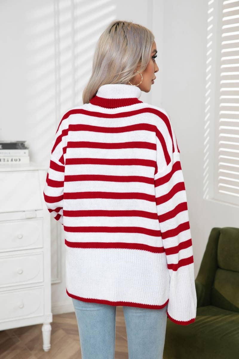 CWOSWL6371_TURTLENECK STRIPED LONG-SLEEVED SLIT SWEATER