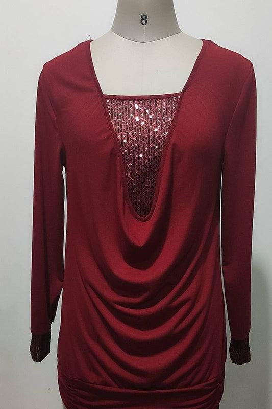 CWTBLL2791_U-NECK SOLID COLOR SEQUINED LONG-SLEEVED TOP