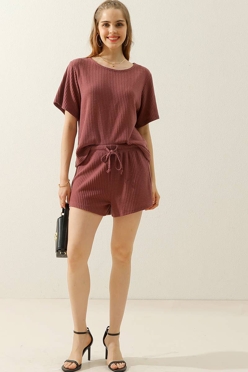 CWSTB274_SOLID WAFFLE KNIT TEE TOP & DRAWSTRING WAIST SHORTS