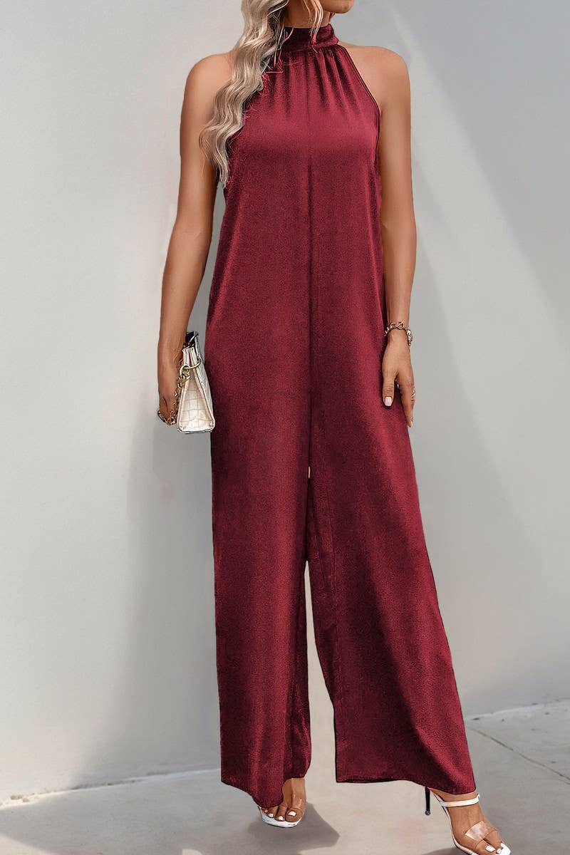 CWSJS1675_SOLID HIGH NECK HALTER WIDE LEG JUMPSUIT