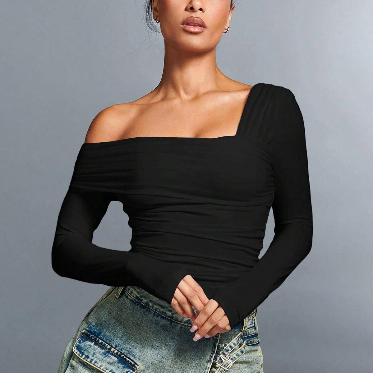 DESIGN SENSE IRREGULAR SQUARE NECK SHORT TOP