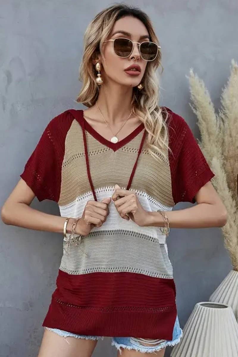 CWTTS1304_SPRING AND SUMMER STRIPED HOODED T-SHIRT